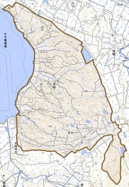 吾潟とその周辺の地図。町の範囲を重ねている