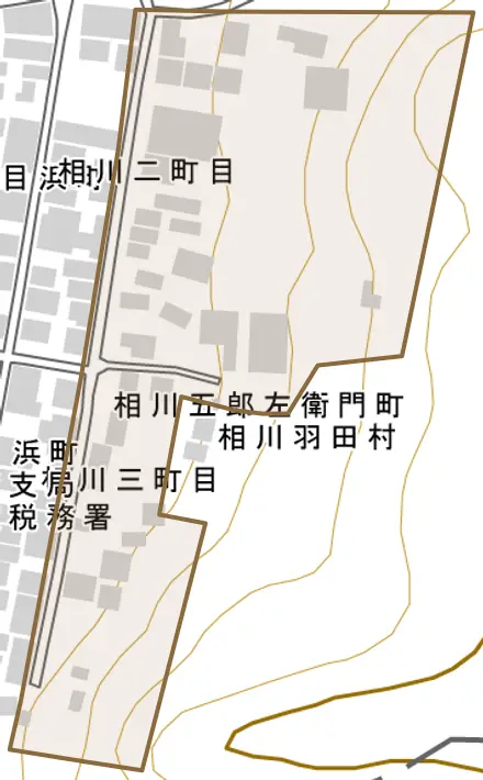 相川五郎左衛門町とその周辺の地図。町の範囲を重ねている