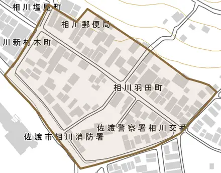 相川羽田町とその周辺の地図。町の範囲を重ねている