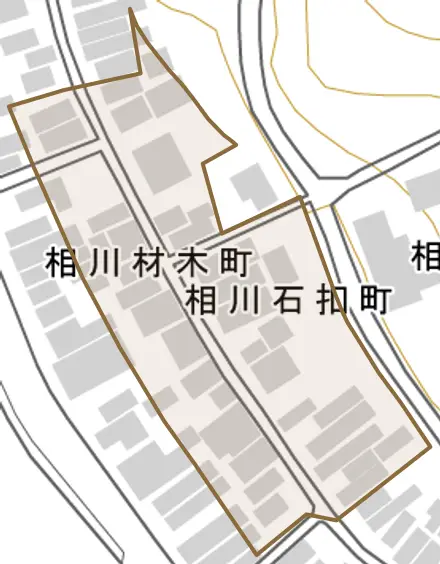 相川石扣町とその周辺の地図。町の範囲を重ねている
