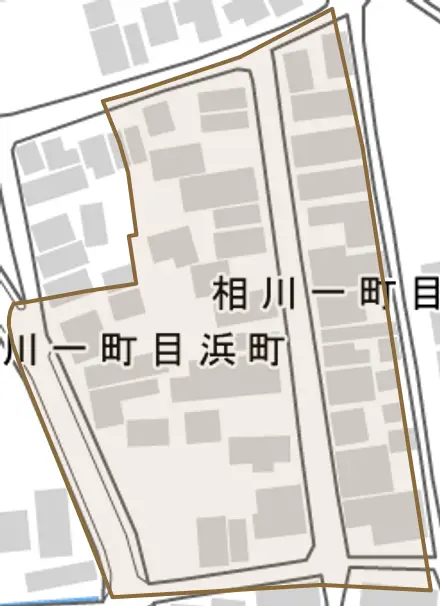 相川一町目とその周辺の地図。町の範囲を重ねている