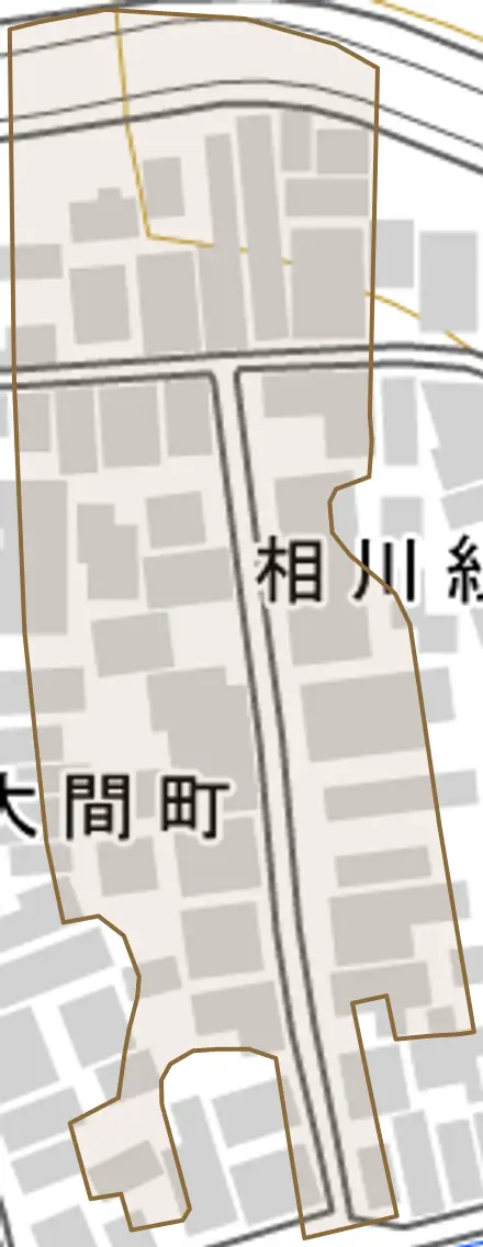 相川紙屋町とその周辺の地図。町の範囲を重ねている