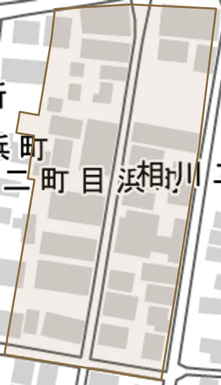 相川二町目とその周辺の地図。町の範囲を重ねている