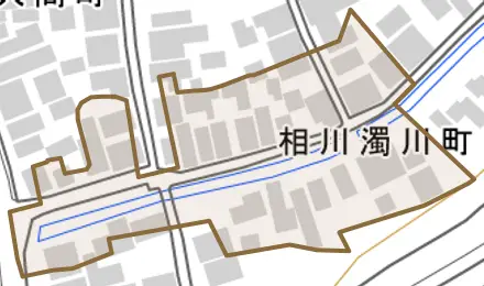 相川濁川町とその周辺の地図。町の範囲を重ねている