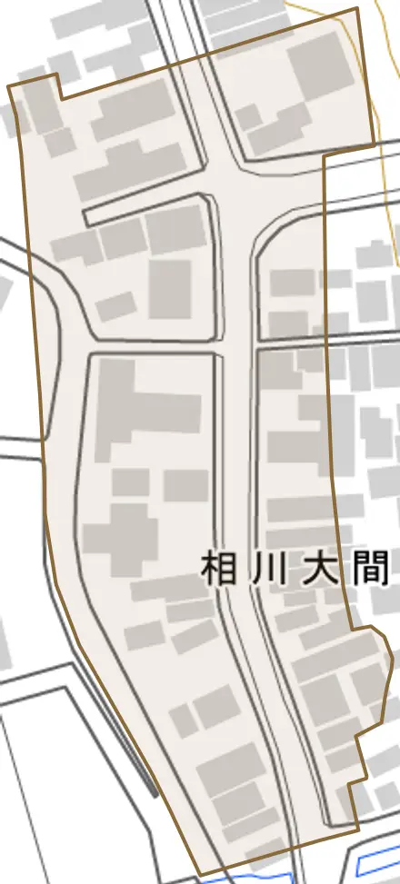 相川大間町とその周辺の地図。町の範囲を重ねている