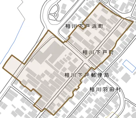 相川下戸町とその周辺の地図。町の範囲を重ねている