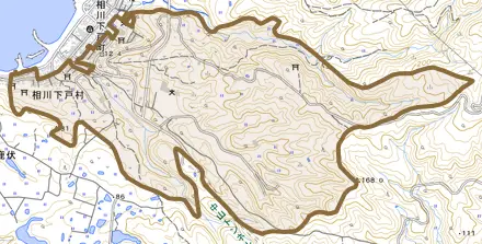 相川下戸村とその周辺の地図。町の範囲を重ねている