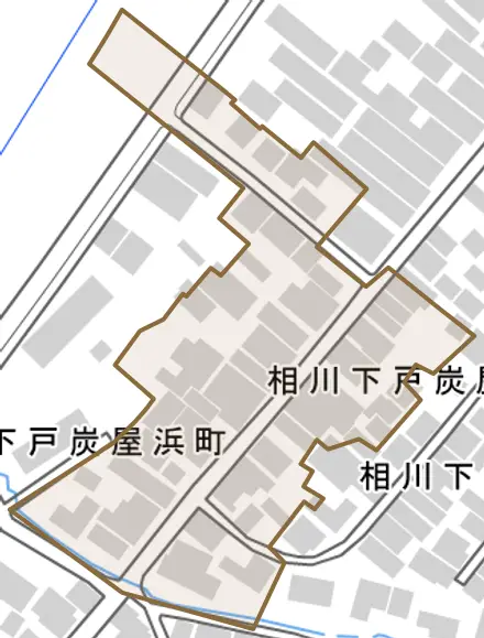 相川下戸炭屋町とその周辺の地図。町の範囲を重ねている