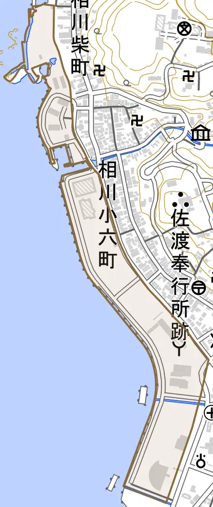 相川栄町とその周辺の地図。町の範囲を重ねている