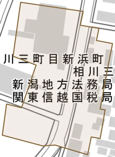 相川三町目浜町とその周辺の地図。町の範囲を重ねている