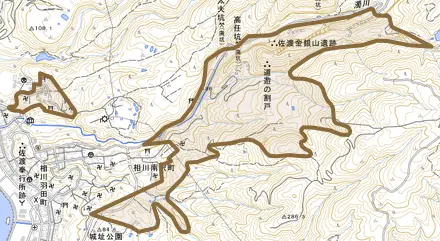 相川下山之神町とその周辺の地図。町の範囲を重ねている