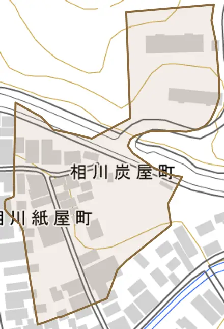 相川炭屋町とその周辺の地図。町の範囲を重ねている