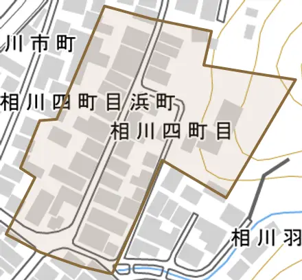 相川四町目とその周辺の地図。町の範囲を重ねている