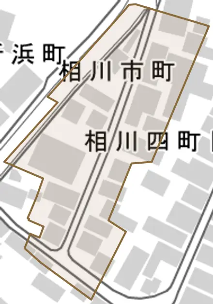 相川四町目浜町とその周辺の地図。町の範囲を重ねている