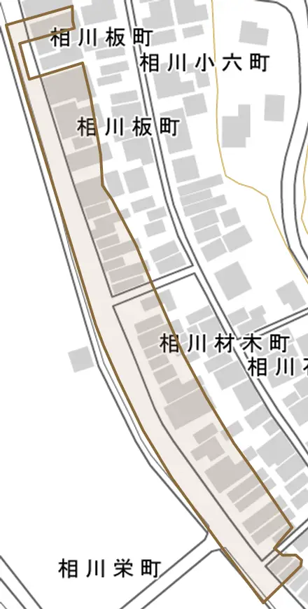 相川材木町とその周辺の地図。町の範囲を重ねている