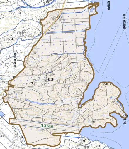 秋津とその周辺の地図。町の範囲を重ねている