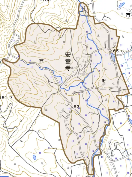 安養寺とその周辺の地図。町の範囲を重ねている