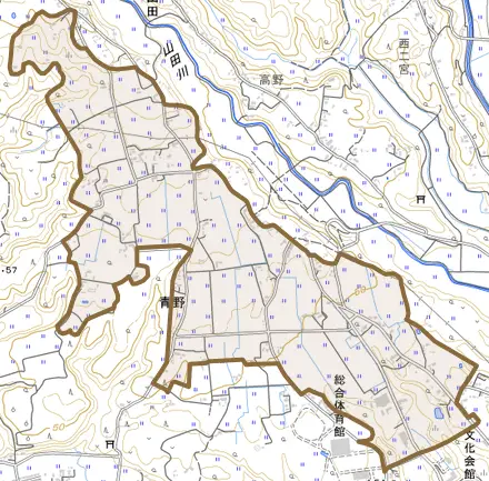 青野とその周辺の地図。町の範囲を重ねている