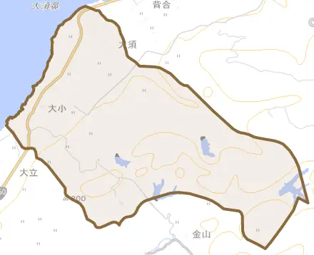 大小とその周辺の地図。町の範囲を重ねている