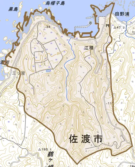 江積とその周辺の地図。町の範囲を重ねている