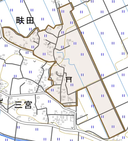 畉田とその周辺の地図。町の範囲を重ねている