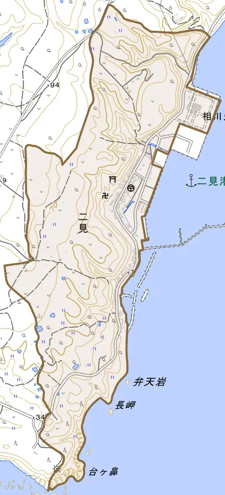 二見とその周辺の地図。町の範囲を重ねている