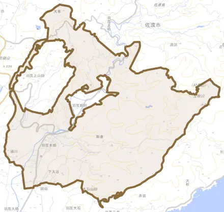 羽茂本郷とその周辺の地図。町の範囲を重ねている