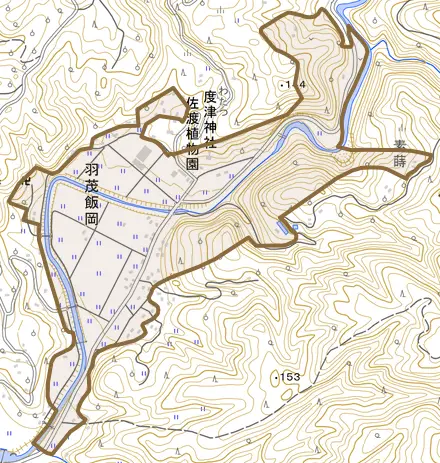 羽茂飯岡とその周辺の地図。町の範囲を重ねている