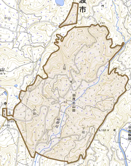 羽茂上山田とその周辺の地図。町の範囲を重ねている