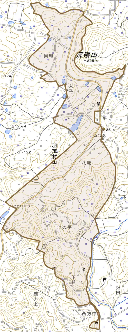 羽茂村山とその周辺の地図。町の範囲を重ねている