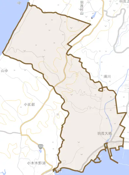 羽茂大橋とその周辺の地図。町の範囲を重ねている