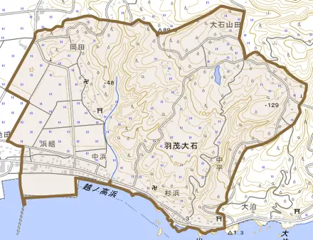 羽茂大石とその周辺の地図。町の範囲を重ねている