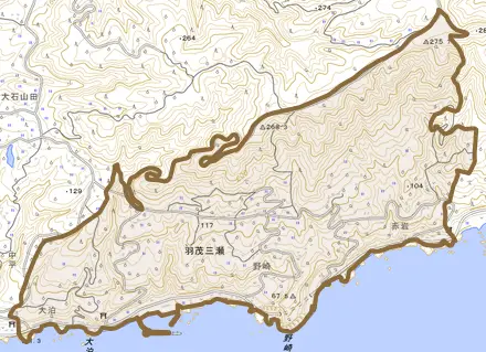 羽茂三瀬とその周辺の地図。町の範囲を重ねている