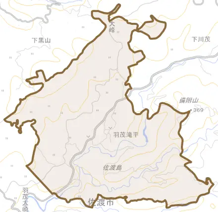 羽茂滝平とその周辺の地図。町の範囲を重ねている