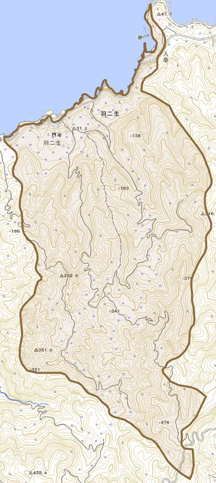 羽二生とその周辺の地図。町の範囲を重ねている