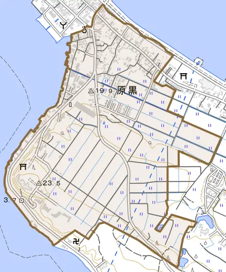 原黒とその周辺の地図。町の範囲を重ねている
