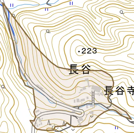 長谷とその周辺の地図。町の範囲を重ねている