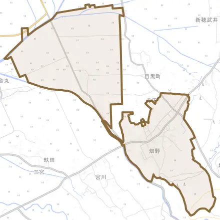 畑野とその周辺の地図。町の範囲を重ねている