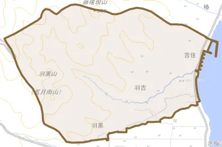 羽吉とその周辺の地図。町の範囲を重ねている