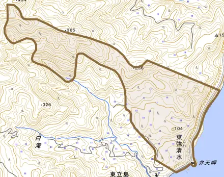 東強清水とその周辺の地図。町の範囲を重ねている