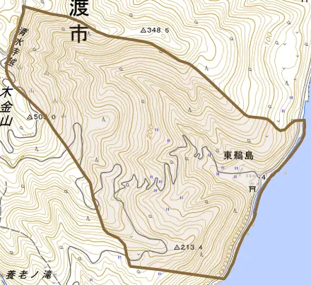東鵜島とその周辺の地図。町の範囲を重ねている