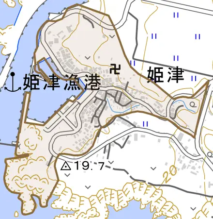 姫津とその周辺の地図。町の範囲を重ねている