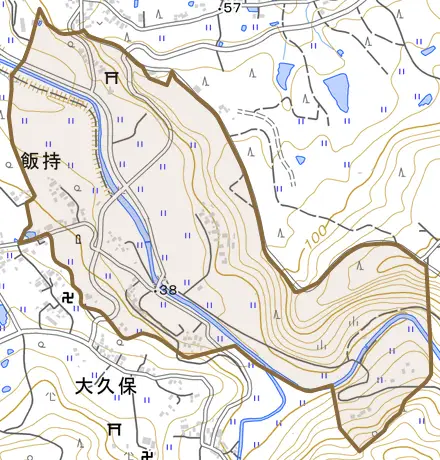 飯持とその周辺の地図。町の範囲を重ねている