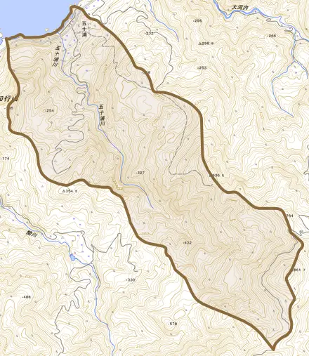 五十浦とその周辺の地図。町の範囲を重ねている