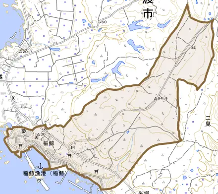 稲鯨とその周辺の地図。町の範囲を重ねている