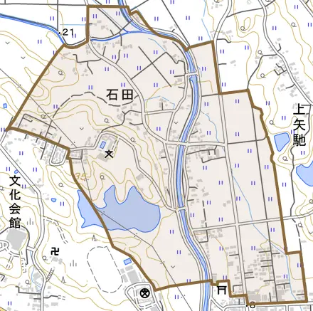 石田とその周辺の地図。町の範囲を重ねている