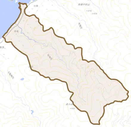 石名とその周辺の地図。町の範囲を重ねている