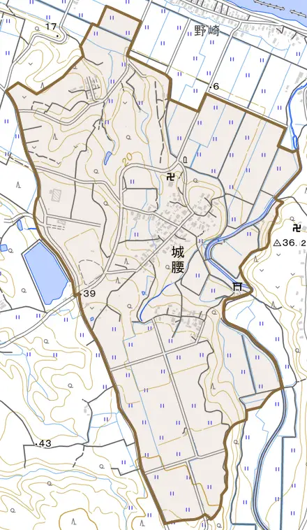 城腰とその周辺の地図。町の範囲を重ねている