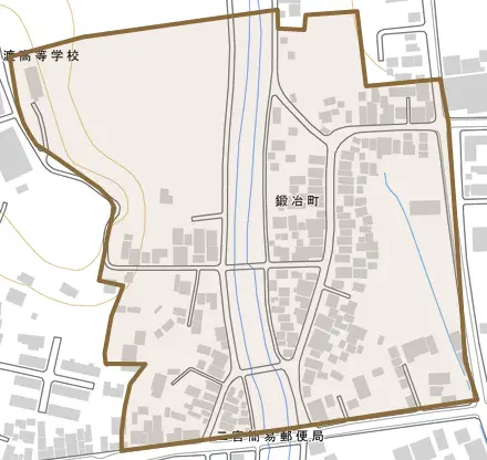 鍛冶町とその周辺の地図。町の範囲を重ねている