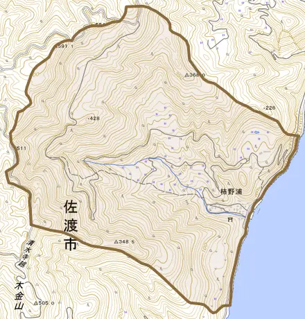 柿野浦とその周辺の地図。町の範囲を重ねている